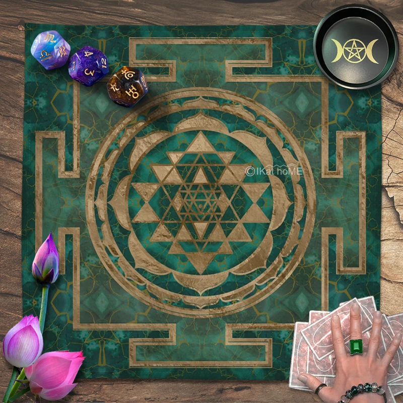 

Green Gold Tarot Tablecloth Altar Cloth Spiritual Sacred Geometry Sri Yantra Mandala Tapestry Hanging Astrology Card Reading Pad