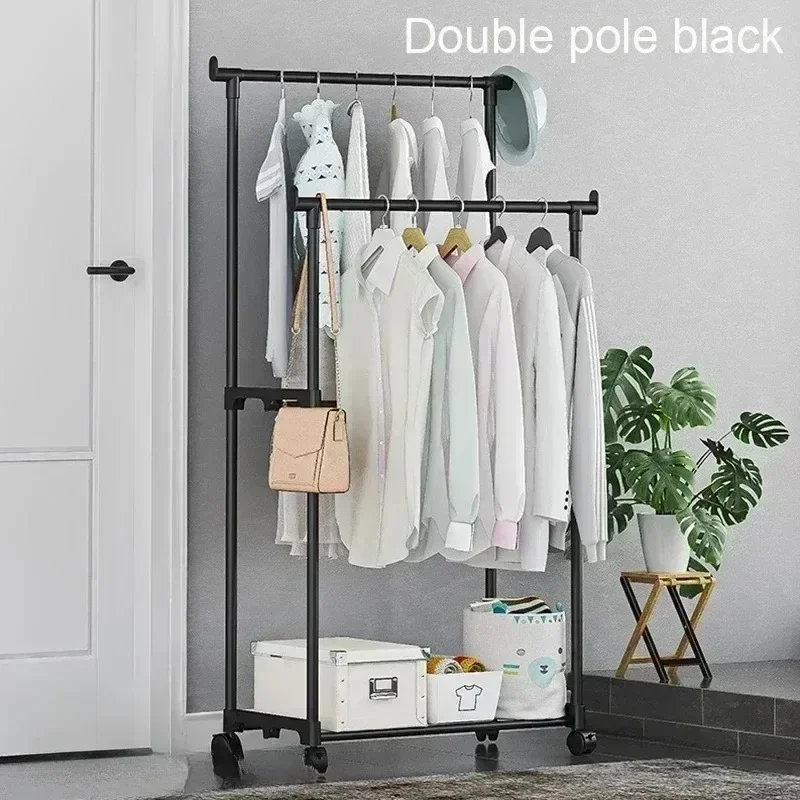 Clothes Rack Double Mobile Hanger Single Rod Laundry Floor Bedroom Retractable Floor Hanger Storage Coat Rack