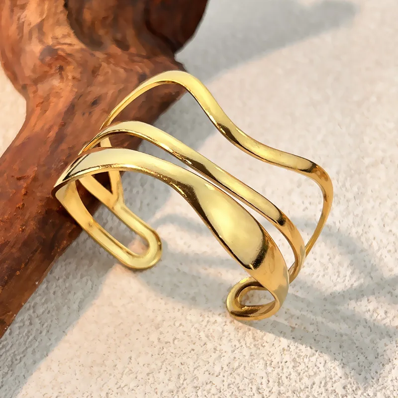 316L Stainless Steel Hollow Striped Ripple Opening Bangle 18K Gold Plated Metal Twisted Winding Bracelet for Women Punk Jewelry