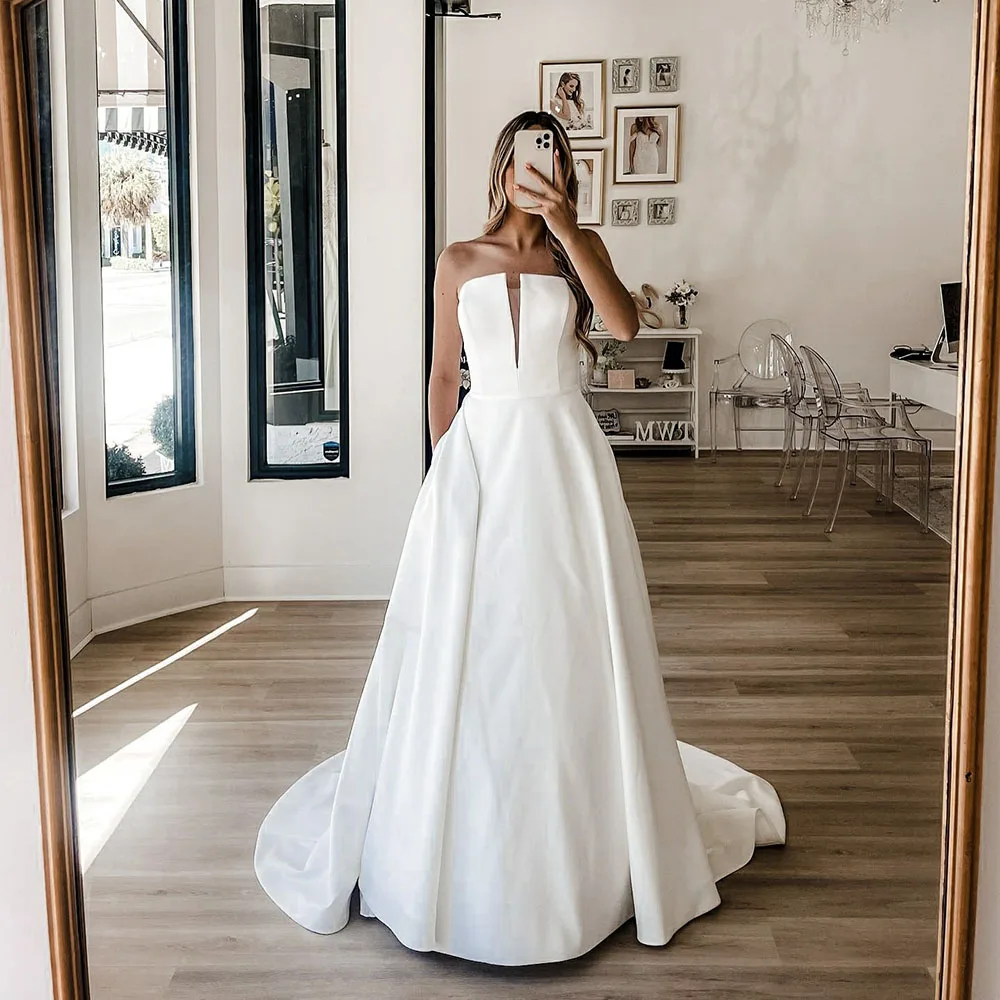 

Msikoods Simple Satin Wedding Dresses With Detachable Train Deep V Neck Dubai Bridal Dress White Strapless Bride Gowns Plus Size