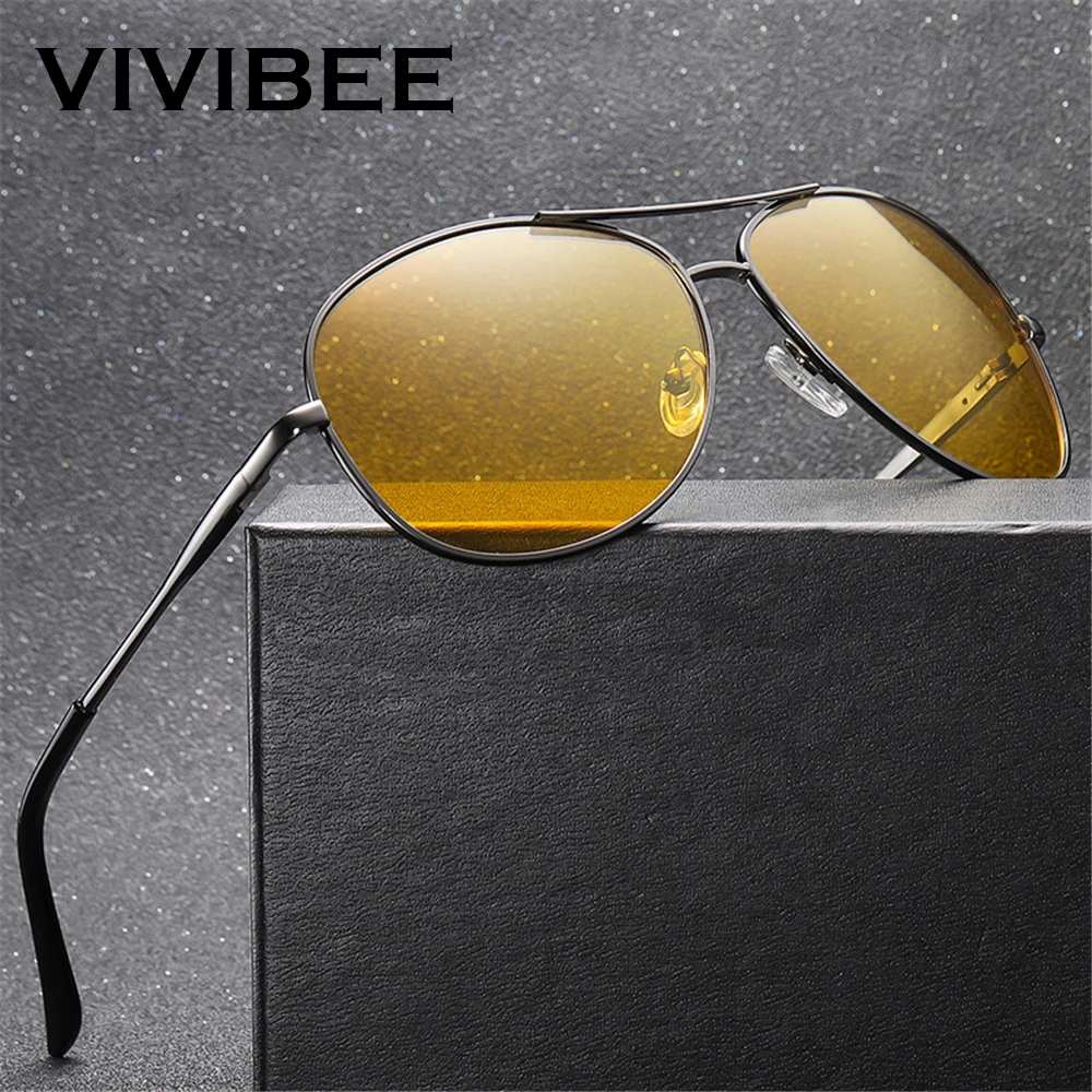 

VIVIBEE Pilot Night Vision Glasses for Driving Nocturna Yellow Polarized UV400 Lens Aviation Goggles Men Nightvision Sunglasses