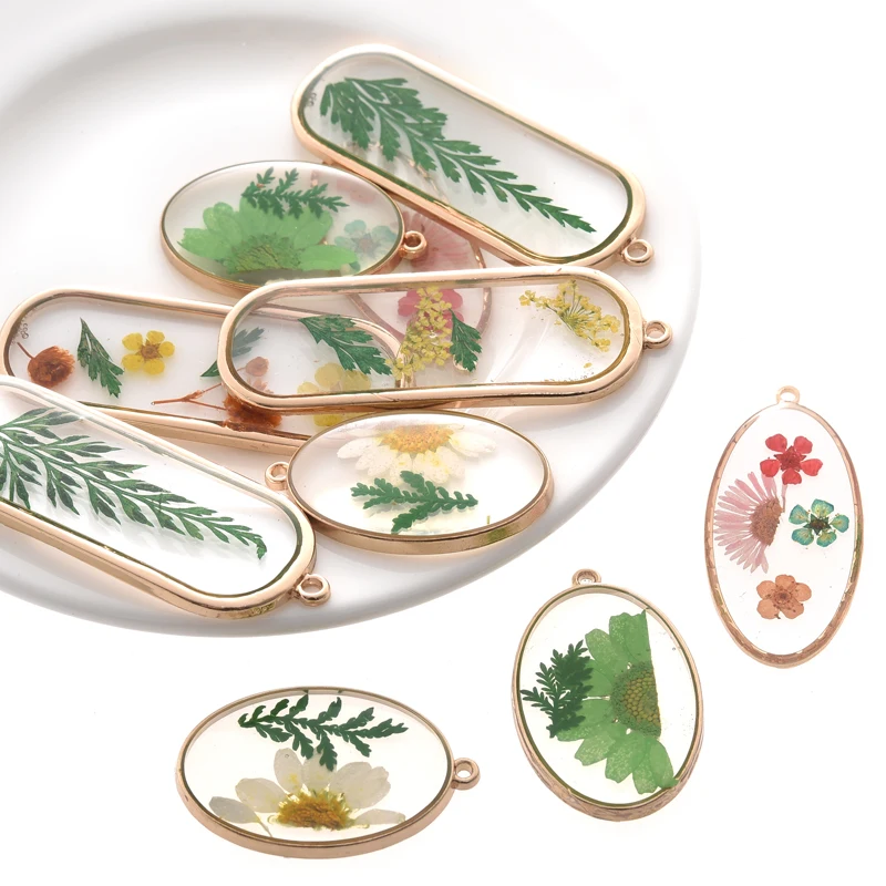 

2Pcs Oval Clear Geometric Framed Pressed Dried Flower Leaves Daisy Blossom Petal Resin Charms Pendant for Jewelry Making Earring