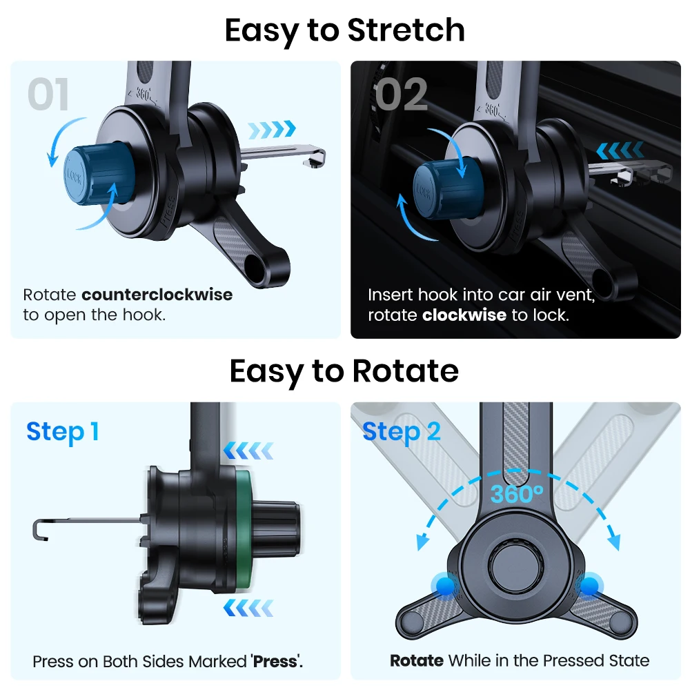 Extended Arm Car Vent Phone Mount Holder,3-Point Support Extendable Metal Hook S