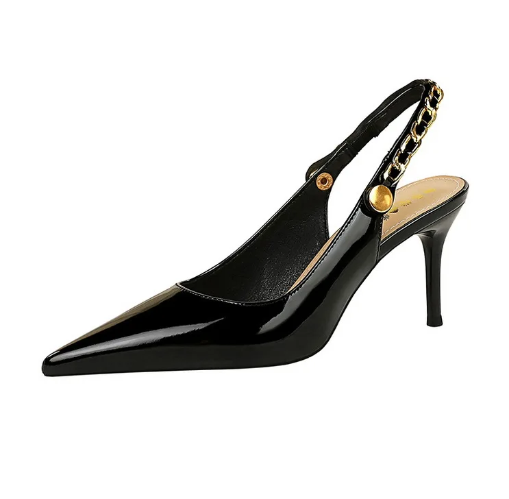 Shoes Metal Chain Women Pumps Patent Leather New Women 7 Cm 9.5 Cm Heels Women Summer Stilettos Sandals High Heels