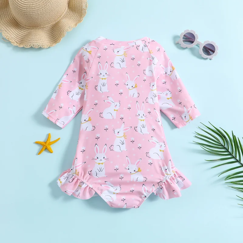 Girls Swimsuit Summer Toddler Girls Long Sleeve Ruffles Cartoon Rabbit Prints One-Piece Swimwear Kids Swimwear