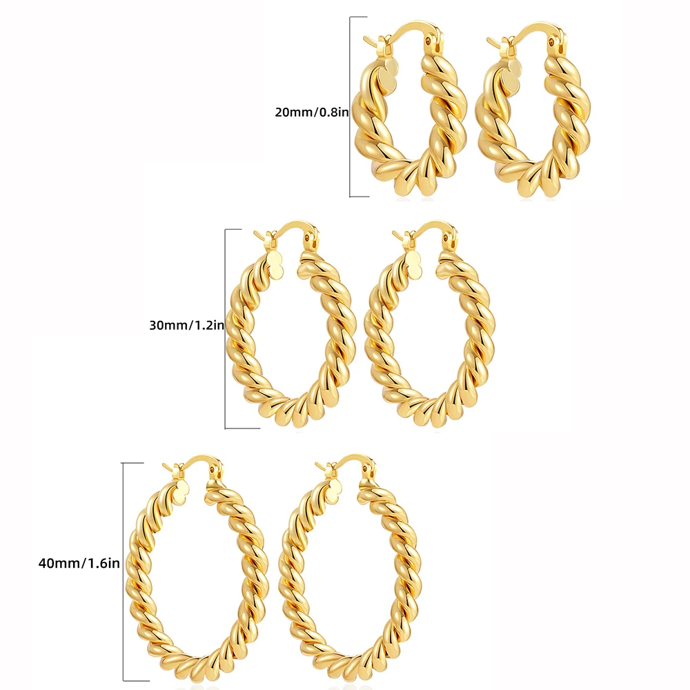 20/30/40mm Classics Punk Stainless Steel C Shape Twisted Hoop Earrings for Women 18K Gold Plated Circle Ear Buckle Wed Jewelry