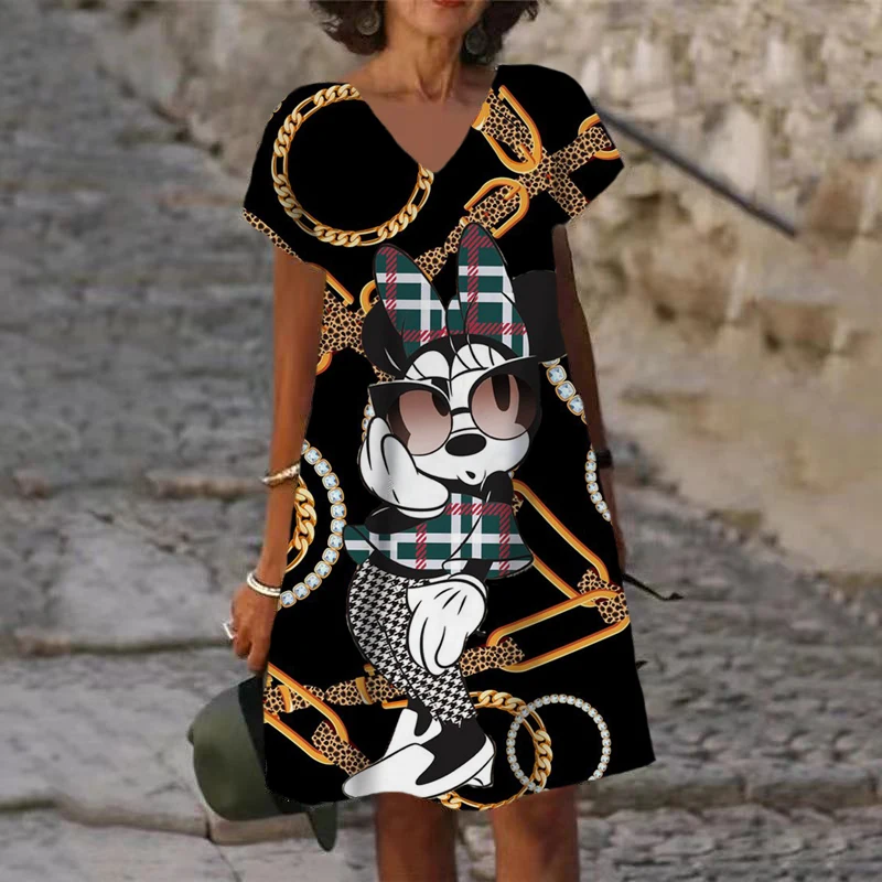 thumbnail image 1 of Nuevos vestidos cortos sexis de verano para fiesta para mujer, vestido con cuello en V y estampado de Mickey Mouse de Disney, vestido hasta la rodilla de manga corta XS-5XL para mujer, 1 of 5