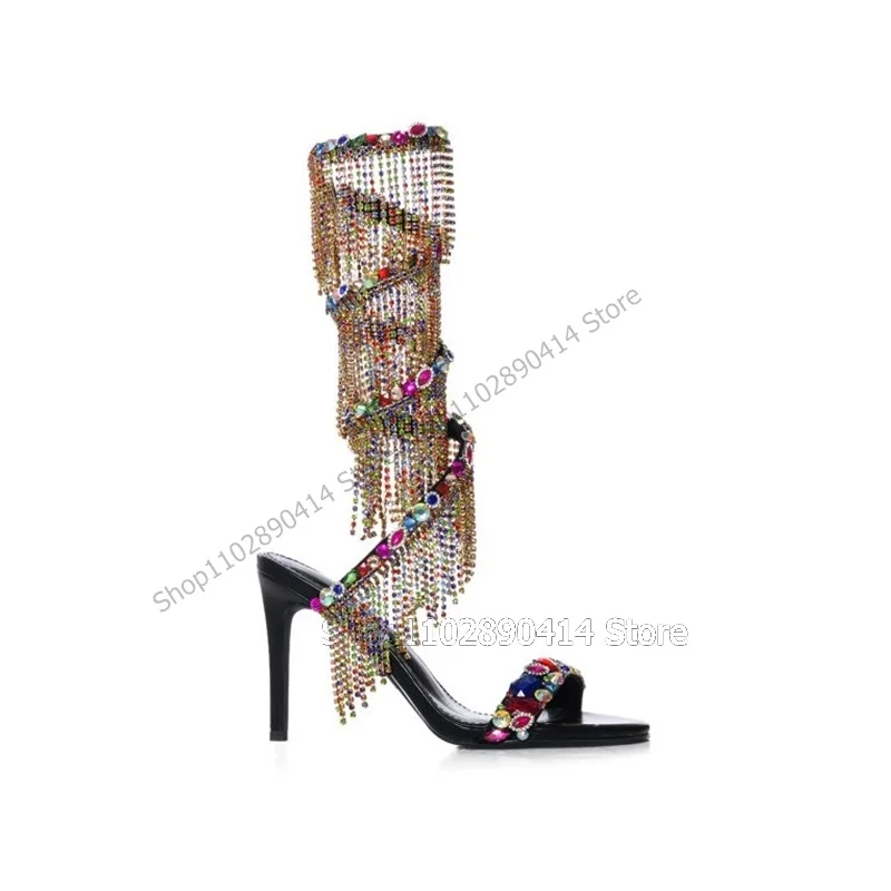 

Colorful Crystal Tassels Twine Open Toe Sandals Slip On Women Shoes Thin High Heels Sexy Party Runway 2023 Zapatos Para Mujere