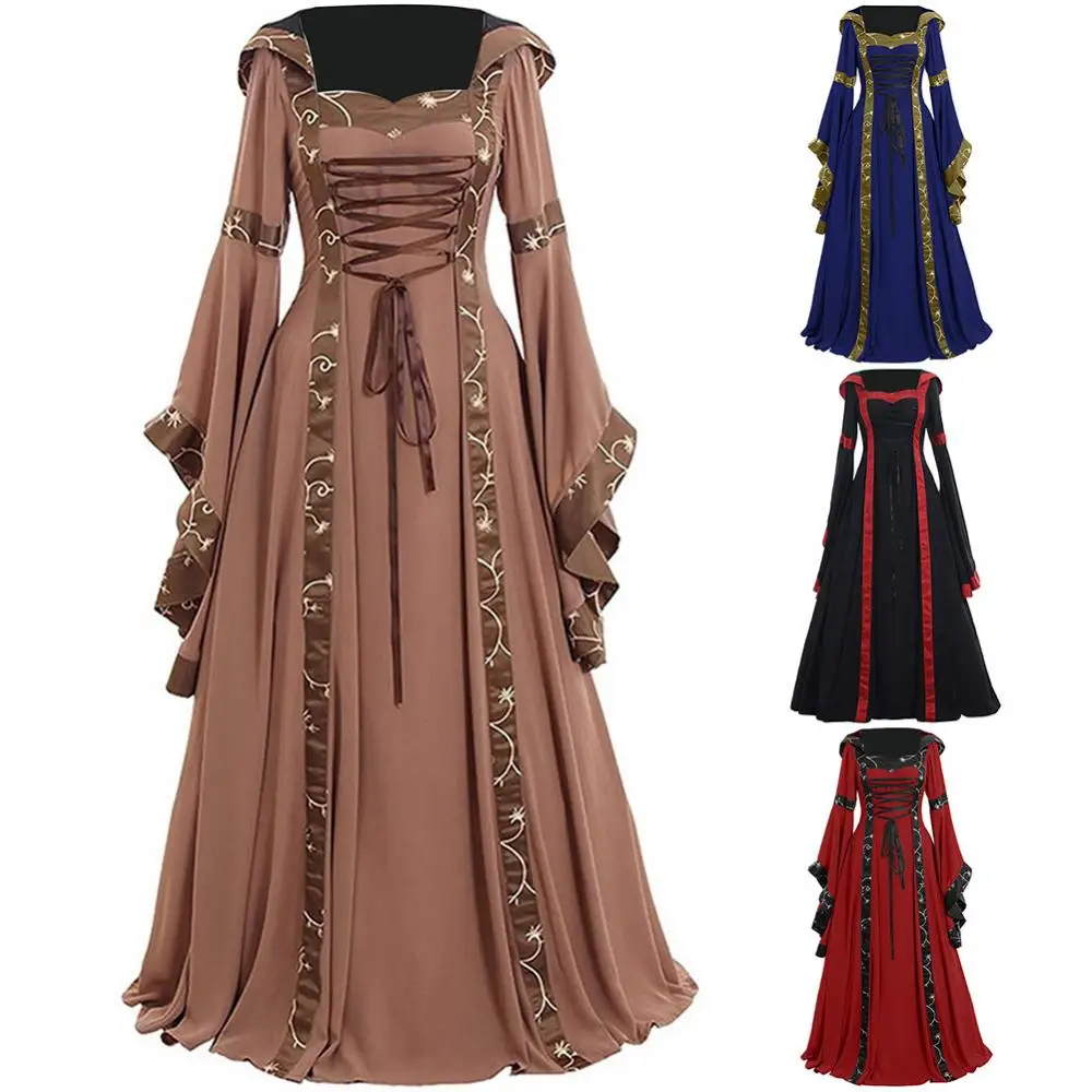 Retro Women Medieval Dress Lace Up Long Sleeve Floor Length Party Dress Halloween Costume Long Dresses halloween costumes