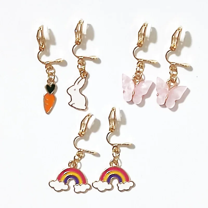 Rainbow Cute Mini Cat Bear Paw Clip on Earrings 3pairs/set for Children Girls No Pierced