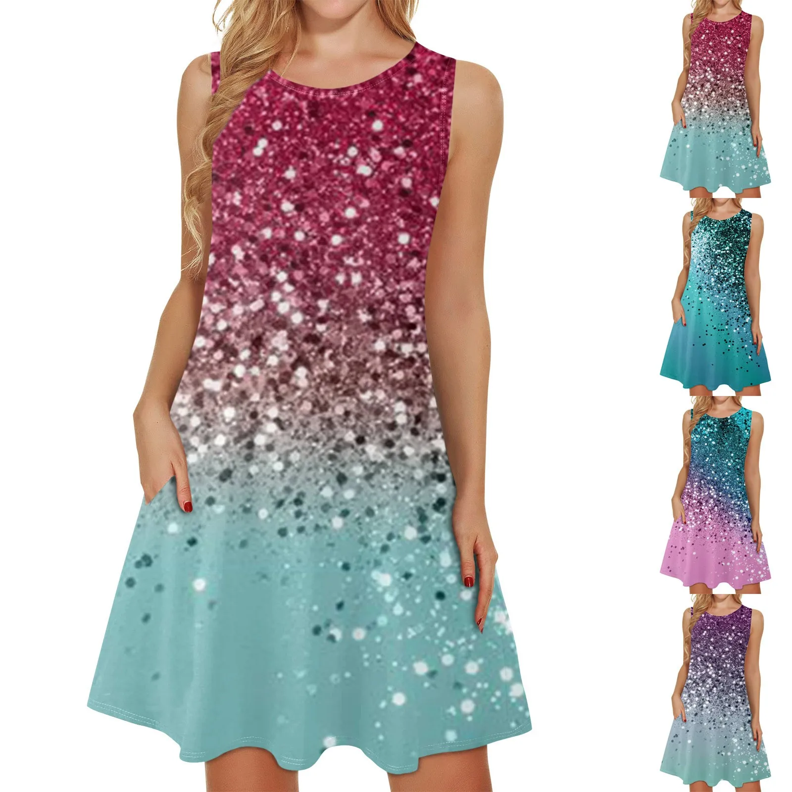 

Summer Ladies Casual Print Round Neck Sleeveless Beach Swing Dress