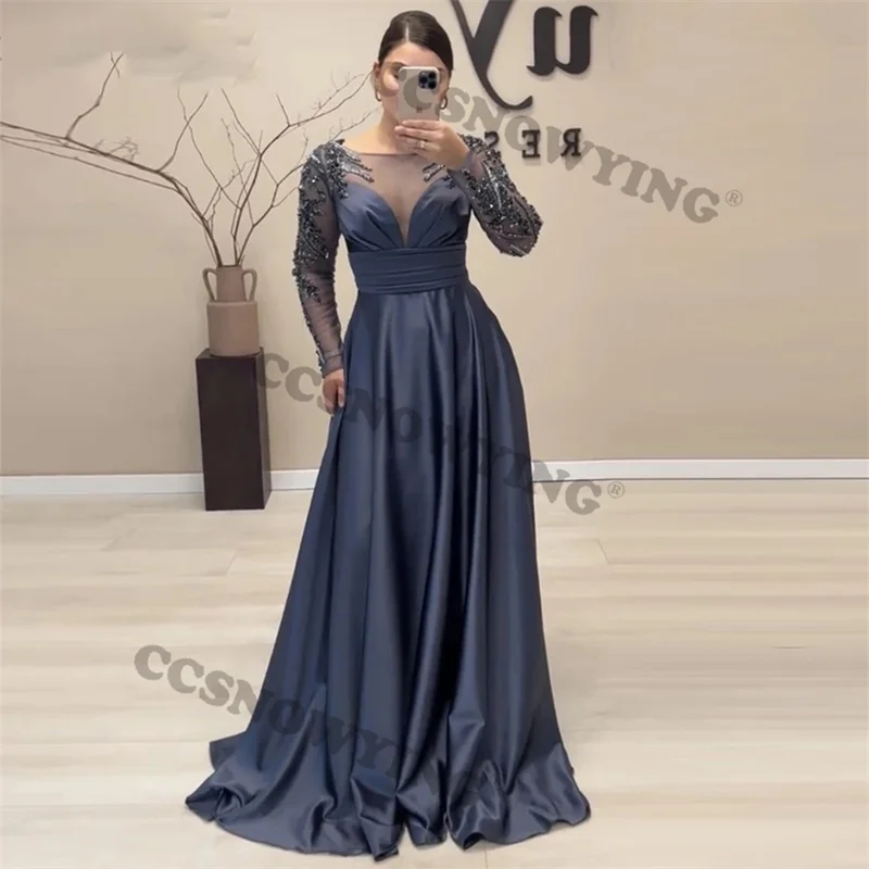 

Long Sleeve Scoop Neck Prom Dress Satin Appliques Beaded Evening Formal Party Gowns Women Robe De Soiree