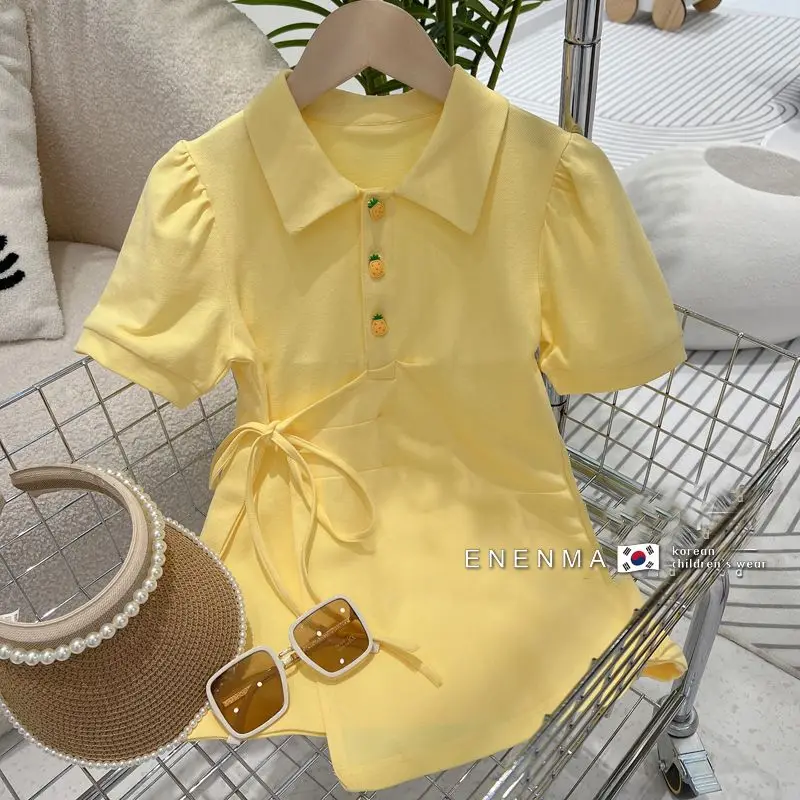 2023 Dress Turn-down Collar Short Sleeve A-line Above Knee Length Pullover Cotton Solid Simple Sweet Fashion Casual Summer Girls