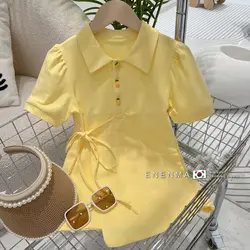 2023 Dress Turn-down Collar Short Sleeve A-line Above Knee Length Pullover Cotton Solid Simple Sweet Fashion Casual Summer Girls