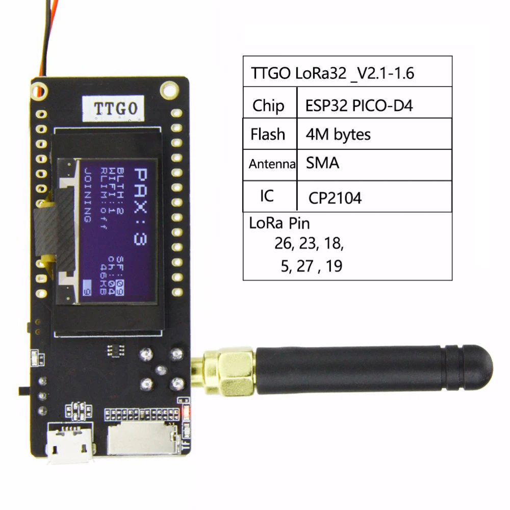 

Bluetooth WiFi Wireless LoRa Module ESP32 OLED 0.96 Inches SD Card Lora ESP-32 SMA IP5306 433/868/915Mhz CH9102F RSSI