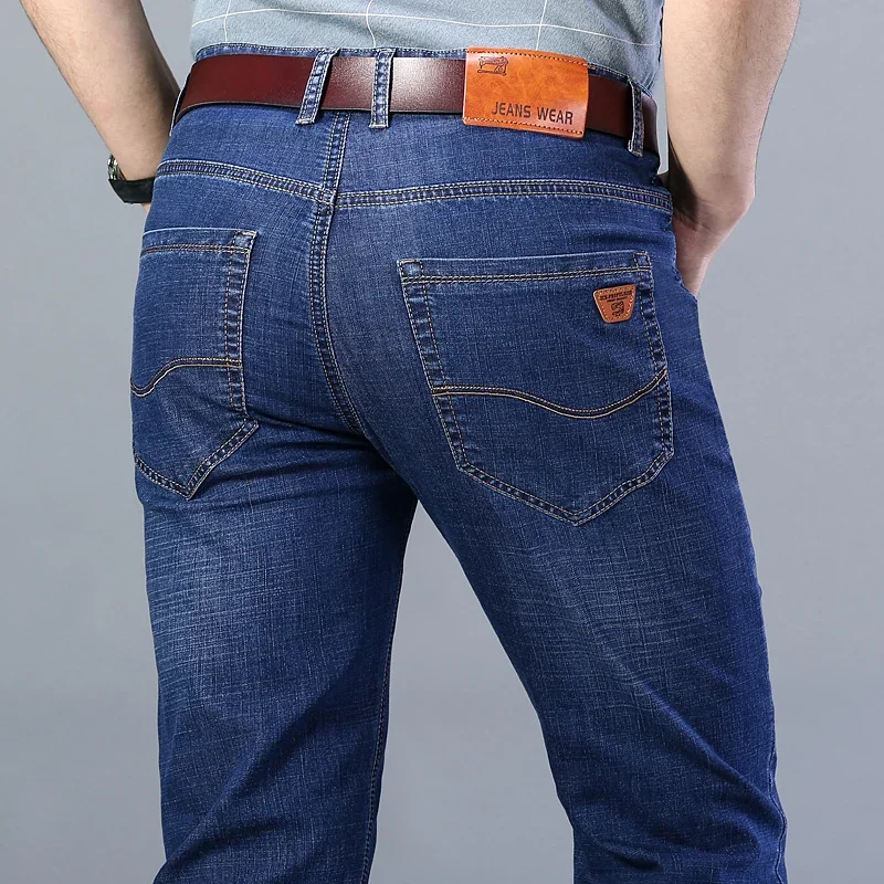 2023 Spring Summer Classic Pocket Men Fit Straight Thin Jeans Cotton Elastic Middle Waist Business Casual Lightweight Pants