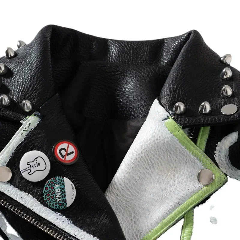 Streetwear Biker Leather Jacket for Women 2024 Punk Style Rivets Graffiti Print Contrast Stitched Faux Leather Cropped Jackets