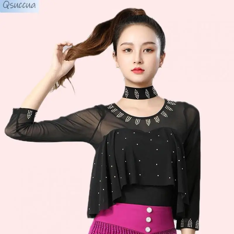 

Summer New Style Latin Hot Diamond Dance Tops Square Dance Three-Step Slim-Fit Dance Clothes