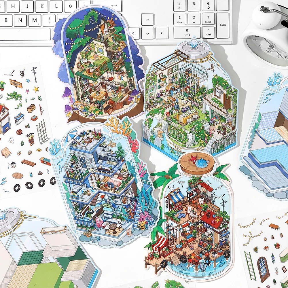 Kawaii Deep Sea Home 3D DIY Landscape Sticker Pocket Cabin Scene Stacking Pasting Festival Birthday Gift for Kid Child