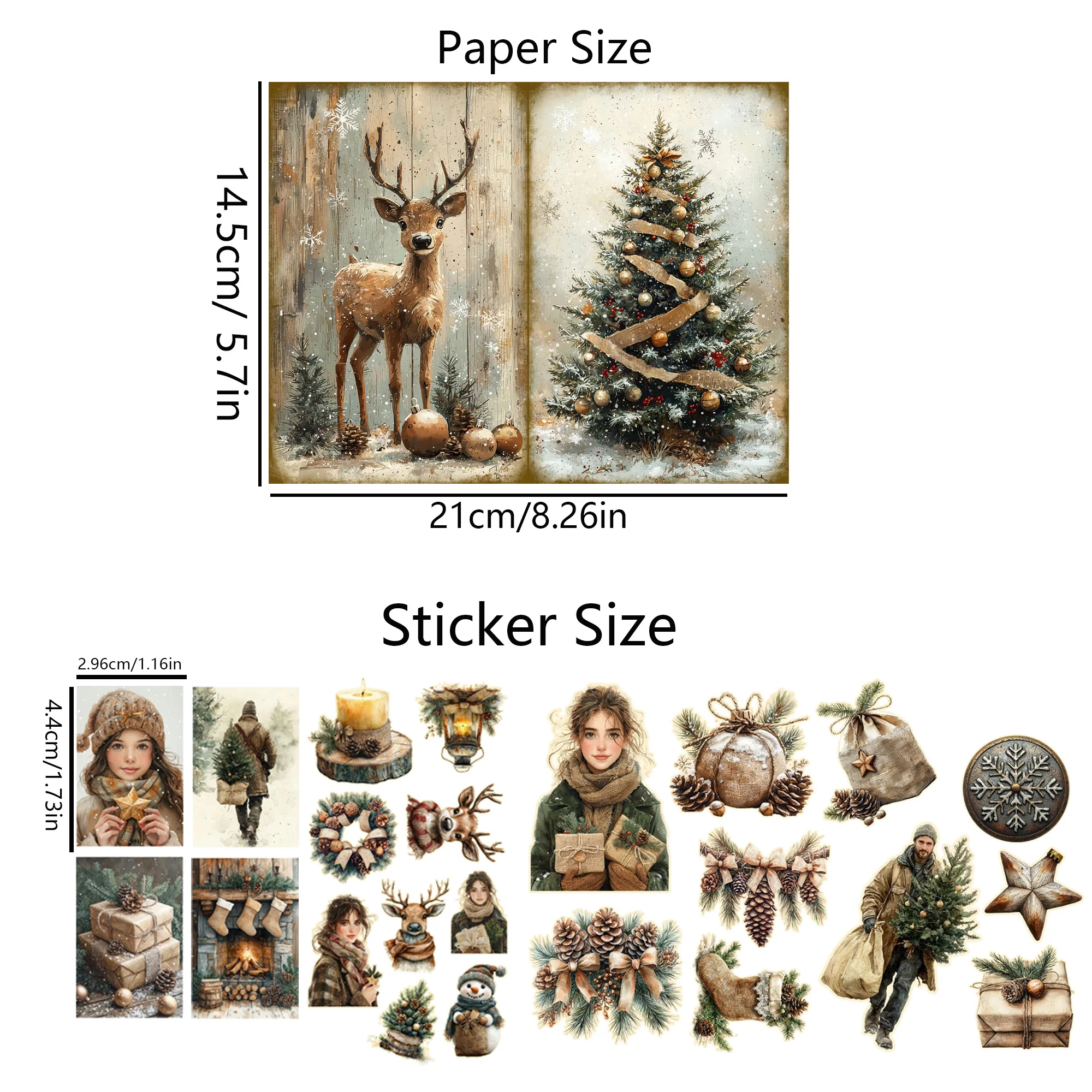 64pieces Winter Christmas Junk Journal Kit 50 Self-adhesive Sticker For Arts Crafts Scrapbooking