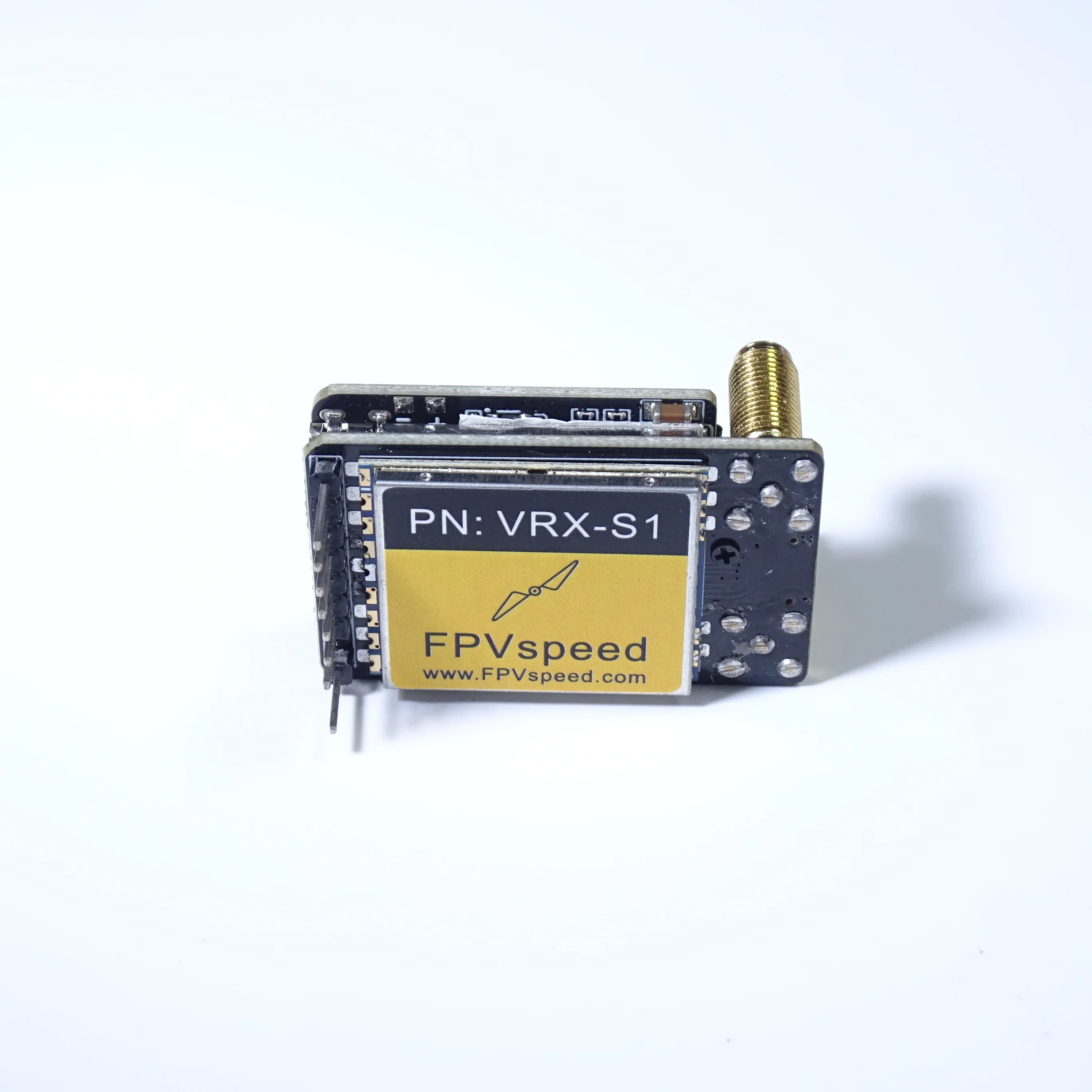 Vue de dessus du module récepteur FPV VRX-S1 avec logo et boutons de contrôle