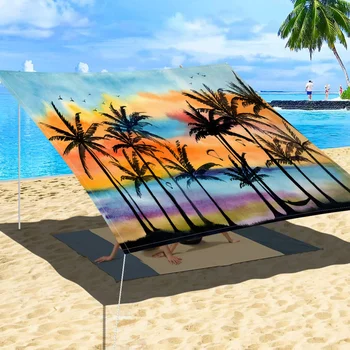 1Pc Outdoor Thickened Waterproof Sunshade Sunset Palm Tree Design Tent Sidewall Canopy, Outdoor Garden Patio Pergola Canopy Beach Tent Sunshade with Free Rope (Stand Not Included)