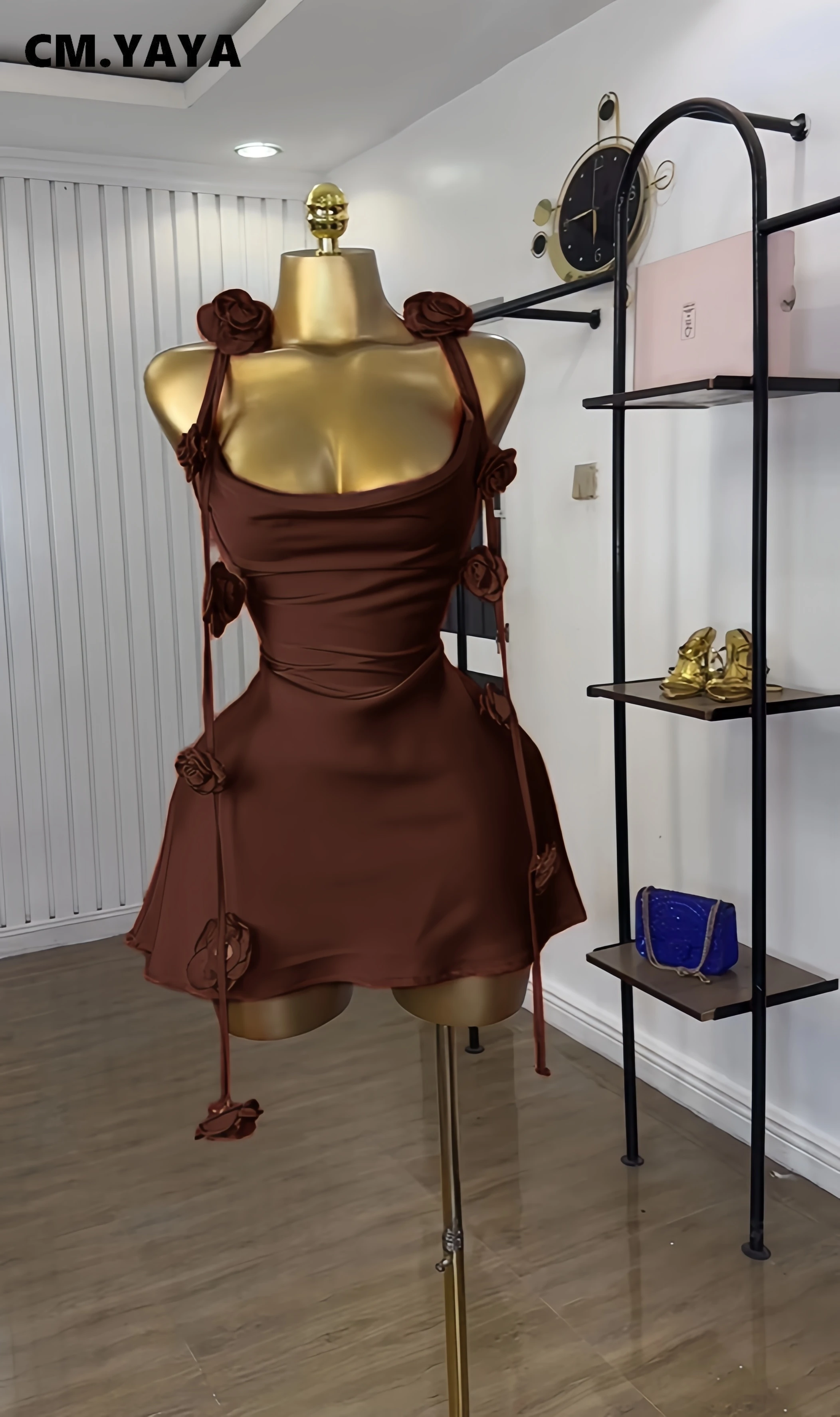 CM.YAYA Women Floral Applique Sleeveless Strap Midi A-line Dress 2025 Summer Holiday Birthday Sexy Club Party Evening Dresses 5