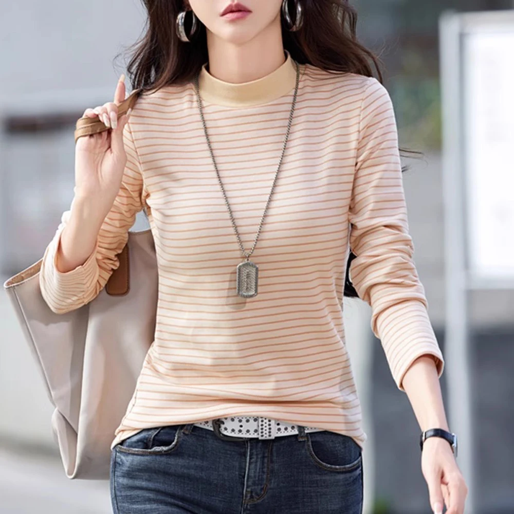 American Style Fake Two-Piece Striped Long-Sleeve T-Shirt Apricot