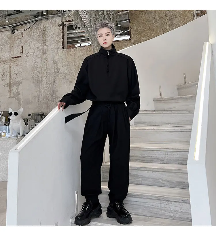 

Мужские свободные брюки в Корейском стиле, повседневные брюки большого размера, новинка, темпераментные декоративные прямые брюки с пряжкой на талии