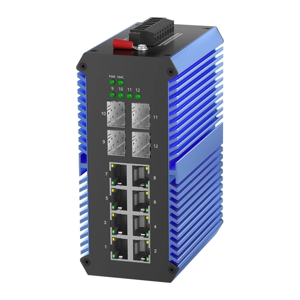 Bullscom 산업용 8포트 기가비트 PoE+ 스위치 | 240W 예산 | 4개의 SFP | 관리됨 | DIN 레일 | IP50을 한국어로 번역하세요. | -40 ° C에서 75까지 °