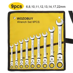 Enhanced Flex Head Ratcheting Wrench Set, Metric Chrome Vanadium Spanner with Portable Storage Bag (9 pcs)