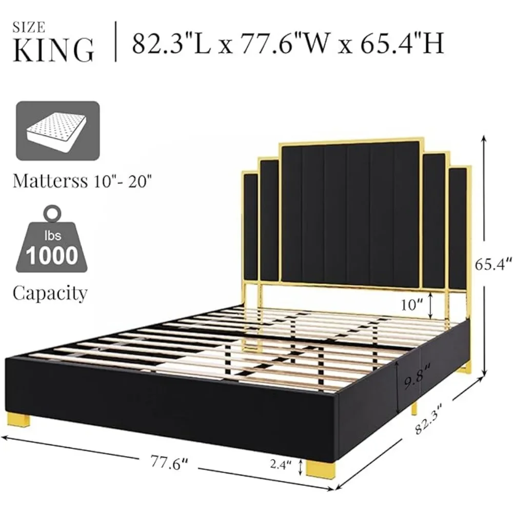 King Size Platform Bed Frame, 65" Velvet Upholstered Bed with Gold Trim Headboard/Wooden Slats/No Box Spring Needed/Black 2