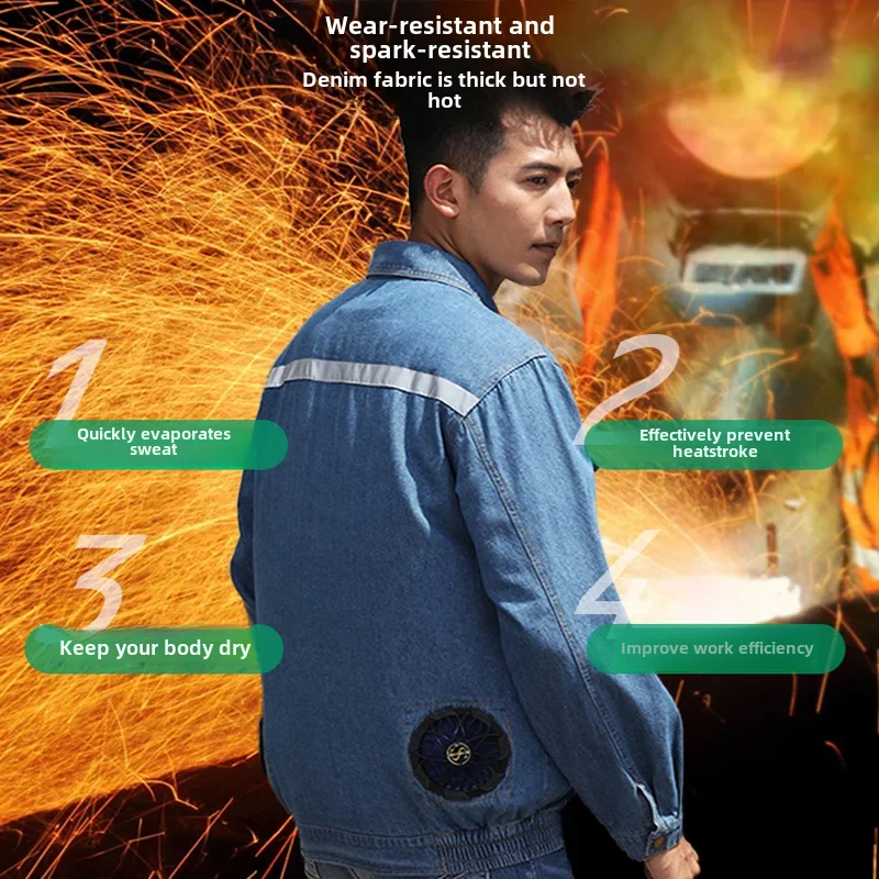 Summer Denim Welding Workwear Quick Charge Men's Construction Site Cooling Fan Workwear Garage Air Conditioning