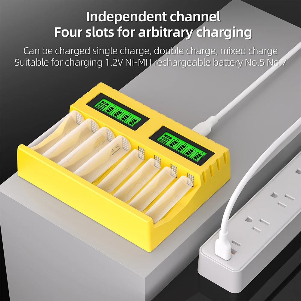 Universal Smart Battery Charger with LCD Display and USB Type-C Connection for AA and AAA Ni-MH Batteries, 8-Slot Capacity