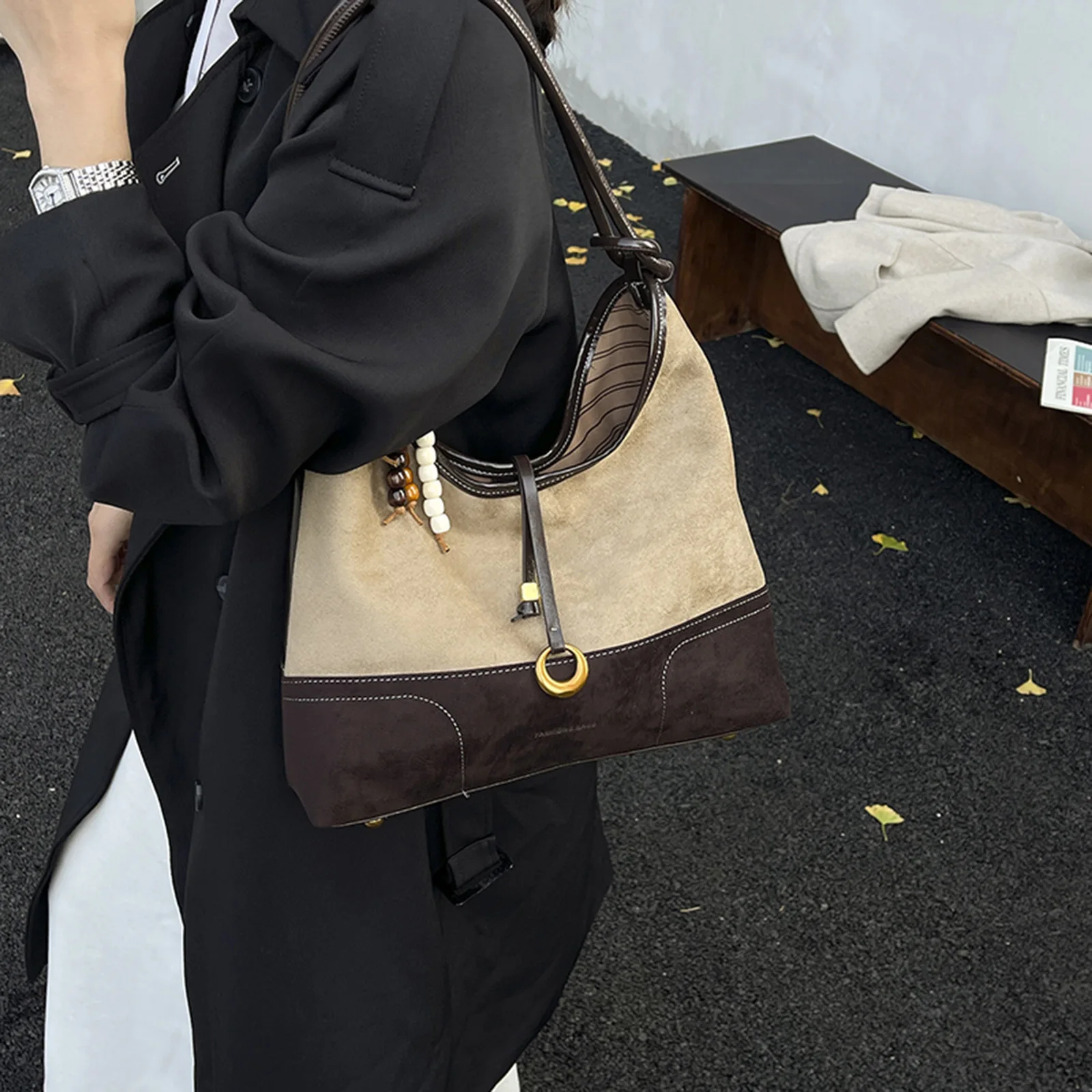 PU Leather Shoulder Bag Fashion Underarm Bag with Pendant Bucket Bag for Women Work Shopping Travel Daily