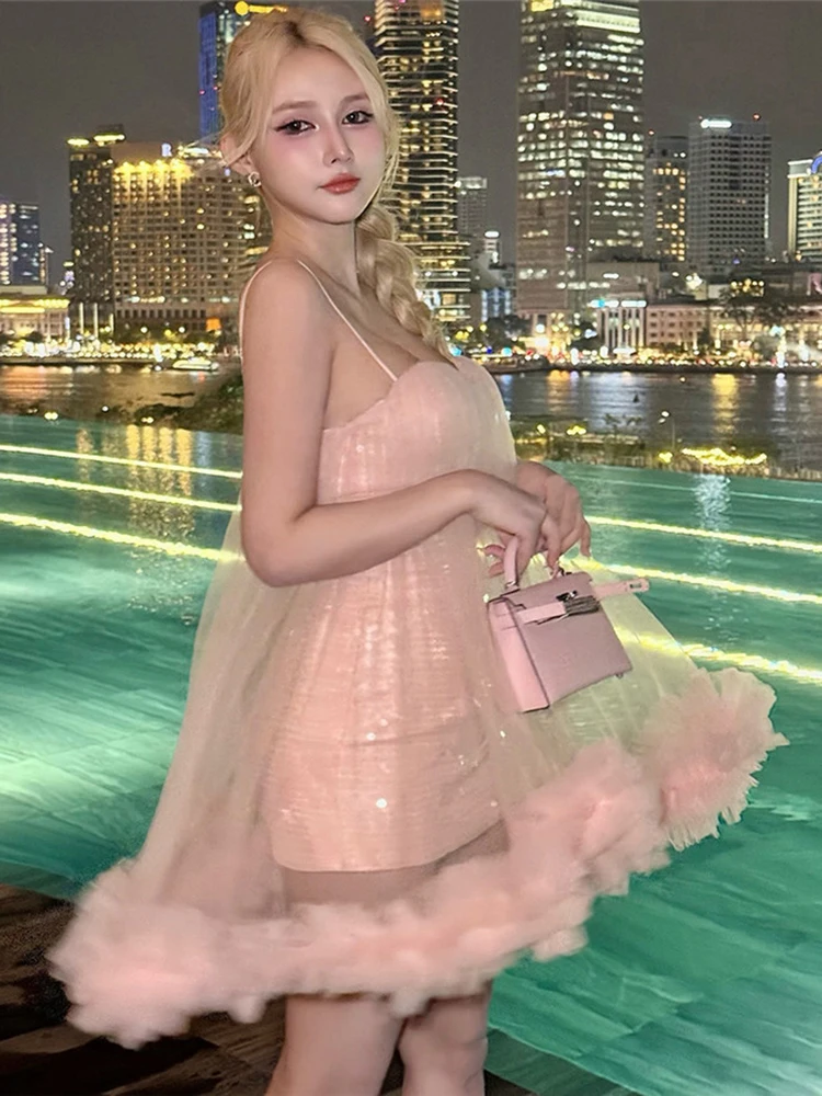 Nibber Tierred Mesh Sequin Patchwork Dress Women Sexy Sweet Sleeveless Low-Neck Midnight Party Clubwear Hottie Chic Mini Bodycon