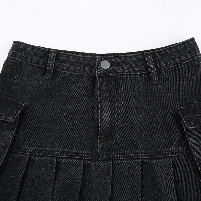 Goth Y2K High Waist Mini Jean Skirts For Women 2022 New Vintage Black Denim Pleated Skirts With Big Pockets Grunge Punk Outfits black denim skirt