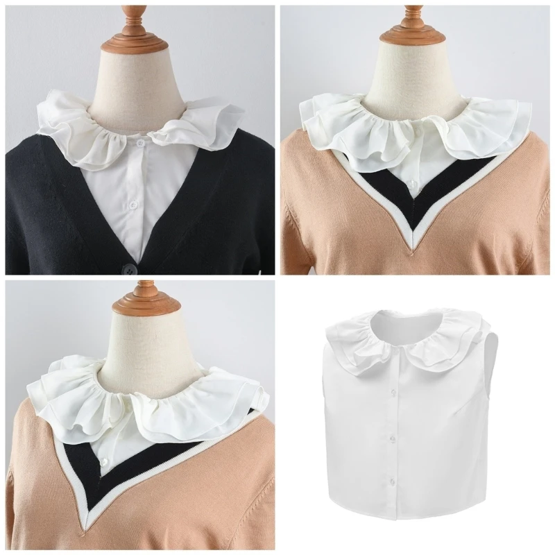 

Women Detachable Fake Collar Blouse Layered Ruffled Lapel Half Shirt Top