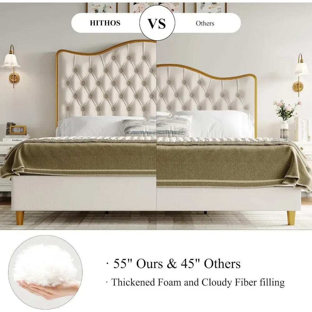 Queen/King Size Platform Bed Frame with 55" Tall Curved Headboard, Modern Velvet Upholstered Bed Frame with Deep Tufted Button 5
