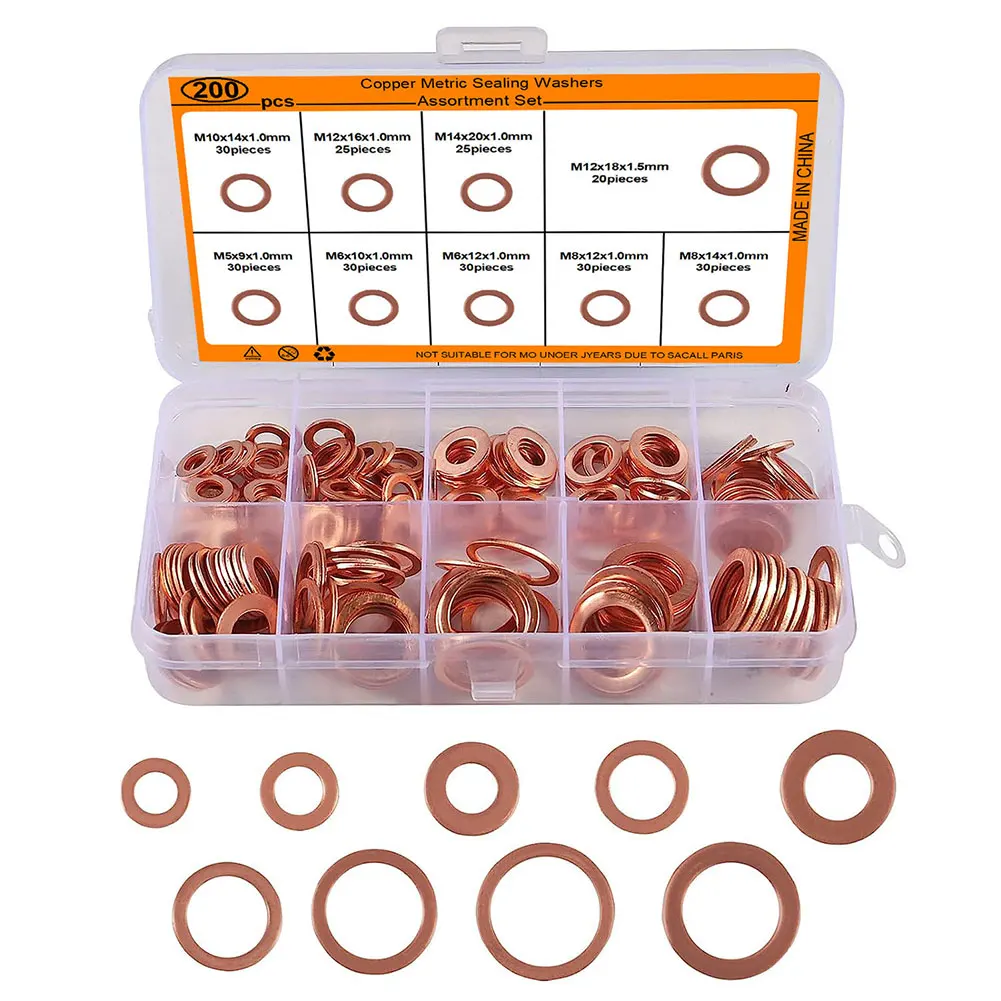 200Pcs Motorcycle Flat Gasket Kit M5 M6 M8 M10 M12 M14 Copper Washer Sealing Gasket Assortment Kit Engine Seal Flat Ring Gasket