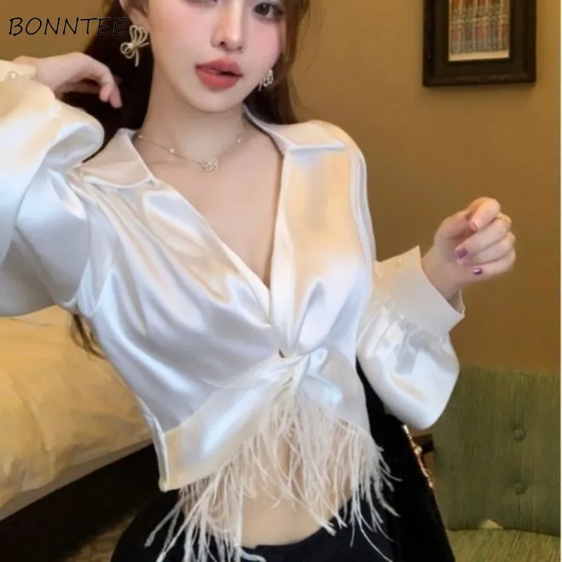 

Long Lantern Sleeve Tassel Shirts Women Solid Sexy Cropped Tops Simple Loose Deep V-neck Girls All-match Elegant Casual Fashion
