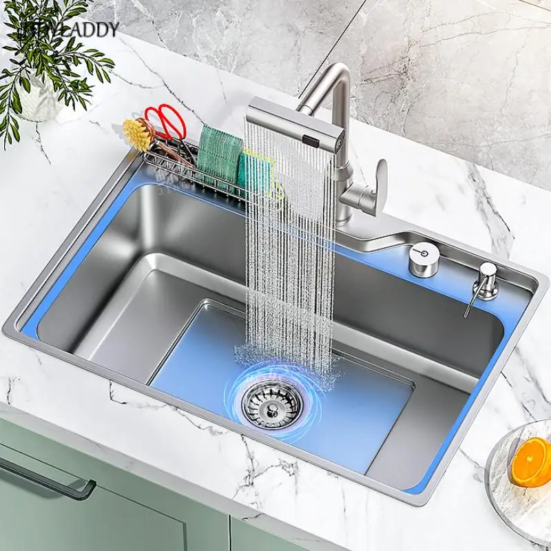 

Stainless Steel Pull Out Kitchen Waterfall Sink Large Single Sink Dish Basin Sink with Storage Basket Kitchen Accessories
