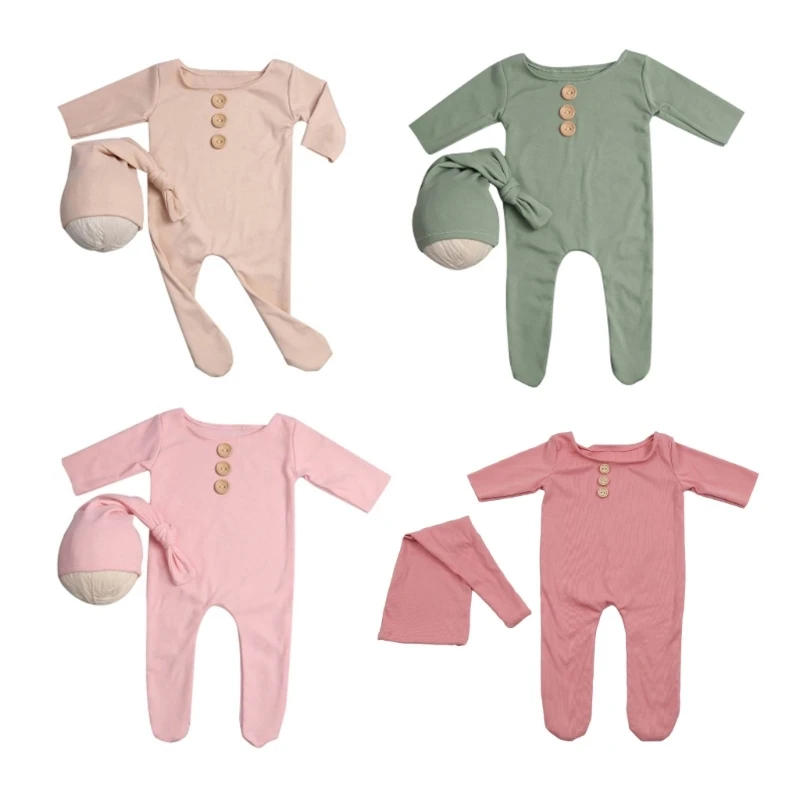 

RIRI 2Pcs/Set Newborn Baby Long Romper Jumpsuit with Knotted Hat Buttons Solid Color Infant Coverall Photo Prop Outfits