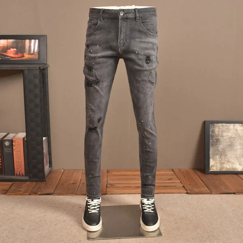 Street Fashion Men Jeans High Quality Retro Washed Blue Stretch Slim Fit Ripped Jeans Men Vintage Designer Denim Pencil Pants