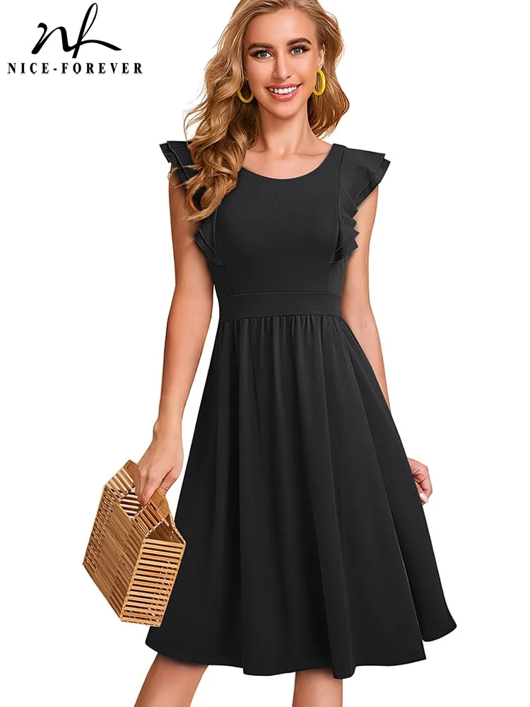 Nice-Forever Summer Women Semplicità Colore Puro Con Maniche A Volant Abiti Casual Pinup Flare Swing Dress A143
