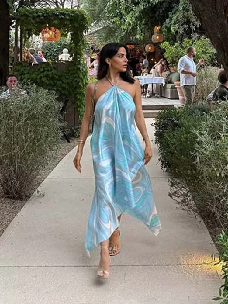 Sexy Printing Halter Long Dress Women Flounce High-level Dress New 2025 Summer Fashion Holiday Party Beach Dresses