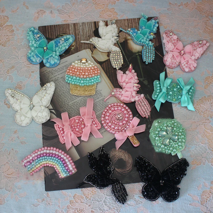 3-8cm 1pcs rehinestones 비즈 스팽글 나비 캔디 버드 패치 applique 스티커 DIY 재료 액세서리