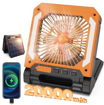 Portable Solar Camping Fan with Light,3Speeds Rechargeable 20000mAh Battery Powered&Timer&Hook&PowerBank for Hiking Picnic RV