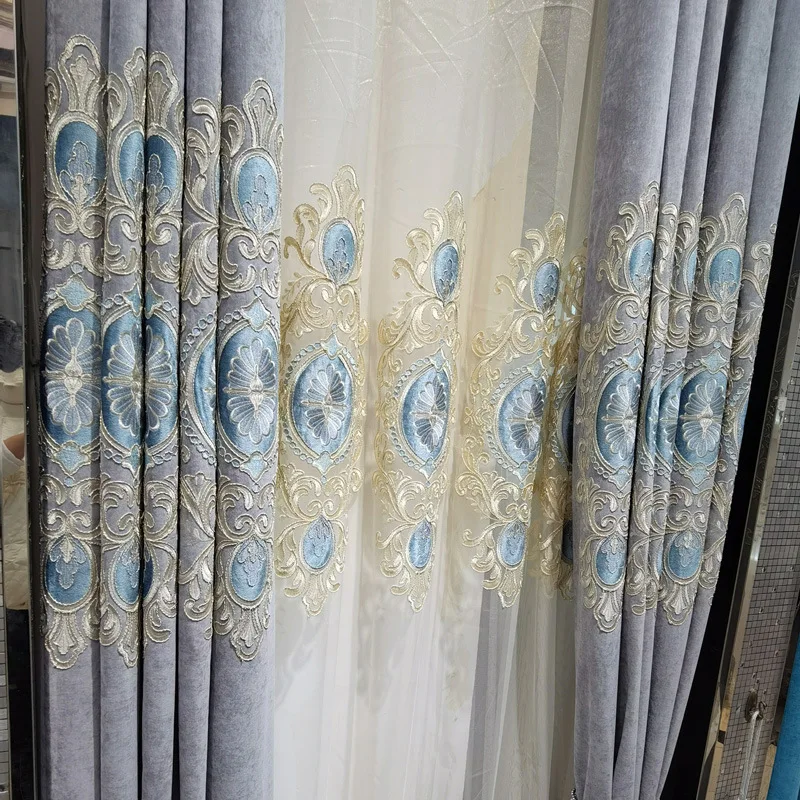

Luxury Chenille Embroidered Curtains Living Room Dining Room Bedroom Embroidered Yarn European Blackout Curtains Blue Gray
