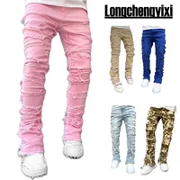 Jean empilé coupe régulière pour hommes, déchiré, Slim Fit, Patch, pantalon en Denim droit détruit, Hip Hop, Streetwear, tissu de pantalon 3